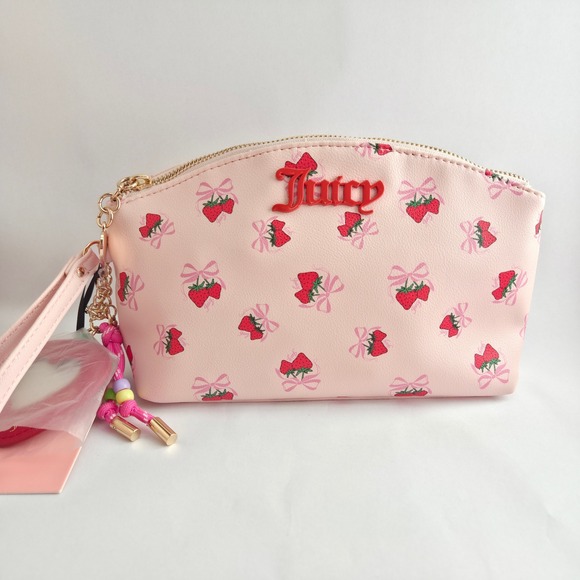 Juicy Couture Handbags - Juicy Couture Wristlet Pouch Womens OS Pink NWT Strawberry Bow Print Makeup Bag